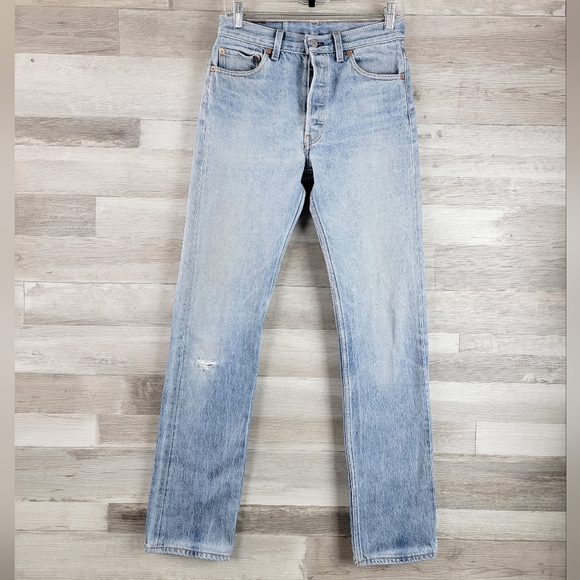 90s Levi's 501 High Rise Straight Leg Button Fly Distressed Jeans Size 28×33 - Picture 2 of 16